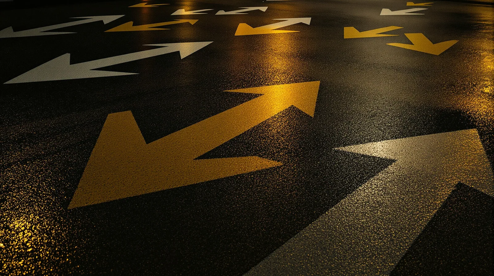 Directional arrows on dark asphalt, suggesting permanent and temporary web redirects