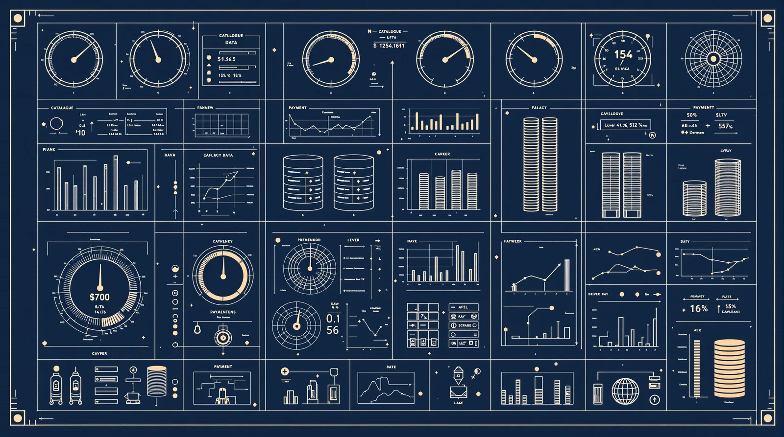 Blueprint line-art of a readiness matrix panel showing gauges and cylinders for catalogue, inventory, and payment flow states.