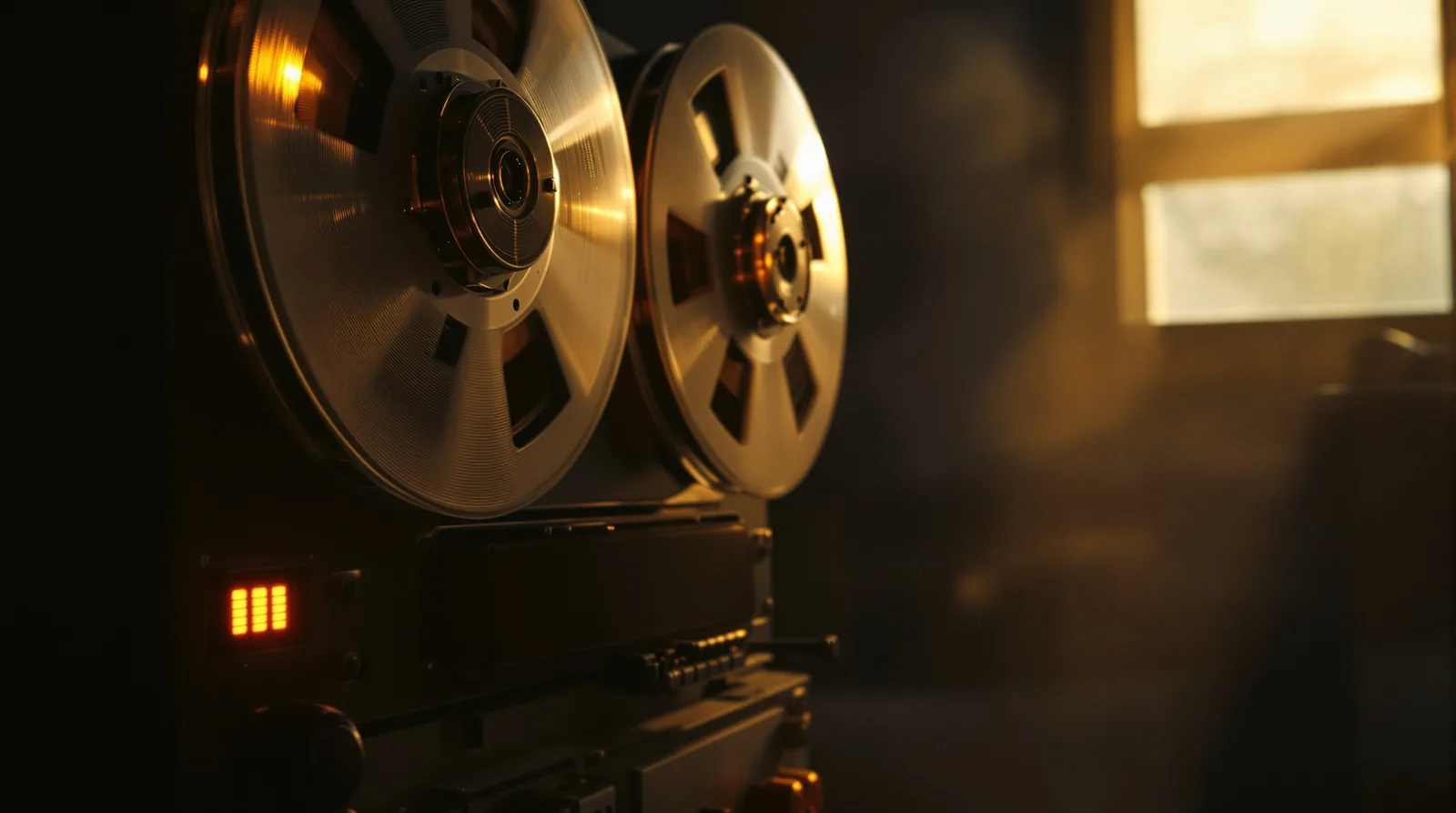 Vintage reel-to-reel tape machine running autonomously in a warm amber-lit studio, 35mm film grain