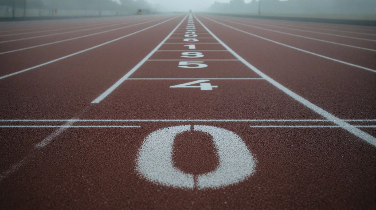 Empty running track lanes with faint numbers, standing for reported benchmark comparisons