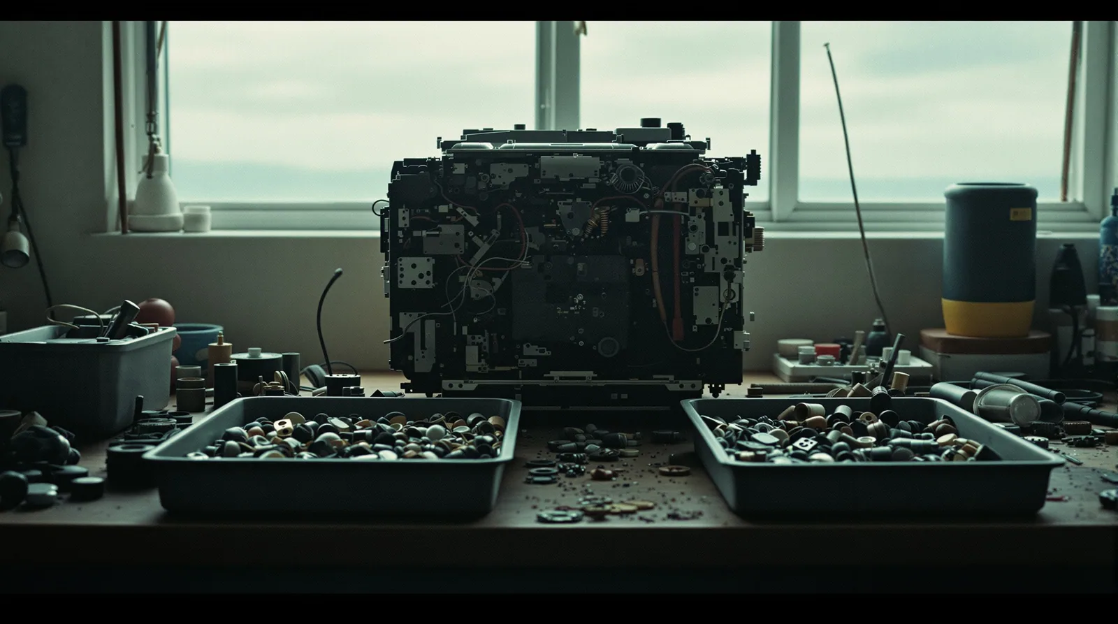 A disassembled machine with parts sorted into a full tray and a nearly empty tray