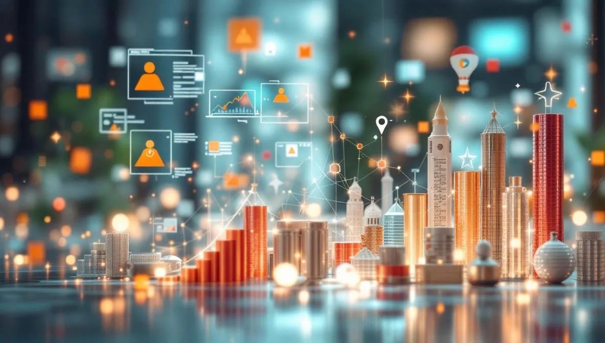 Três monitores mostrando citações de busca, schema JSON-LD e um chat de IA citando fontes