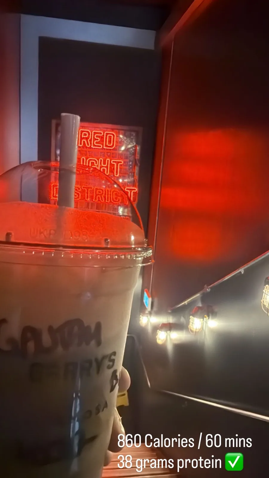 Mocha protein creatine shake at Barry's Bootcamp Queensway after a Red Room class — 860 calories, 38 grams of protein