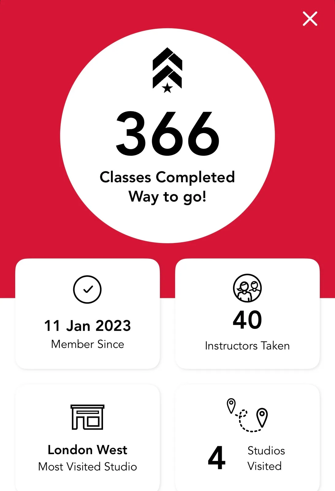 Barry's app showing 366 classes completed since 11 Jan 2023, 40 instructors taken, 4 studios visited