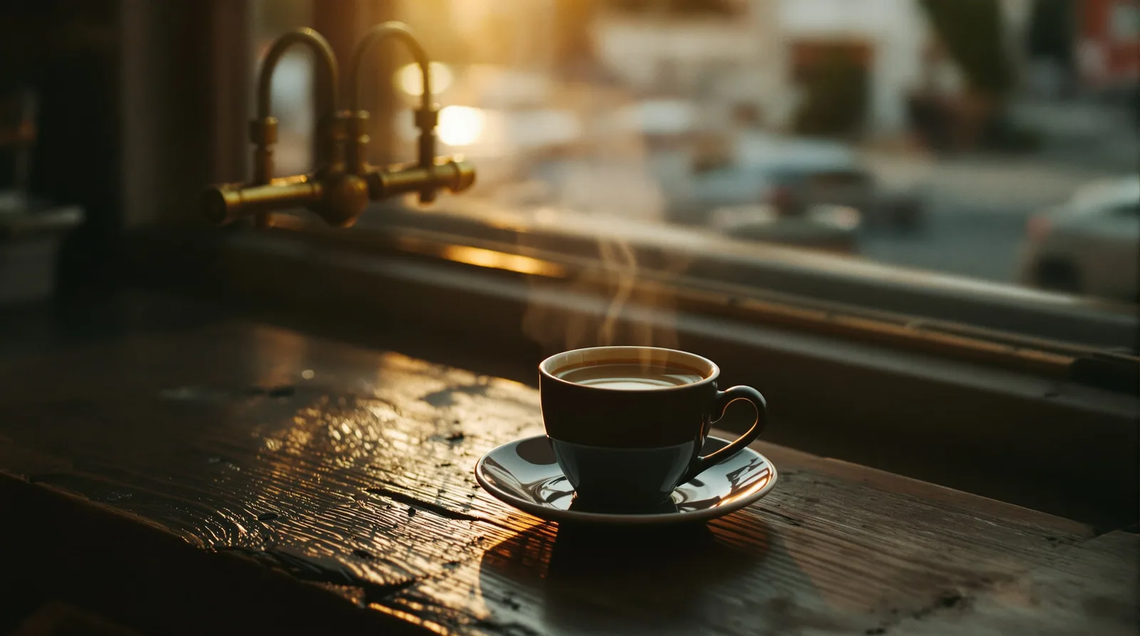 An espresso cup on a worn wooden bar in a warm-lit cafe with brass fittings catching golden light, suggesting a great cafe scene worth travelling for