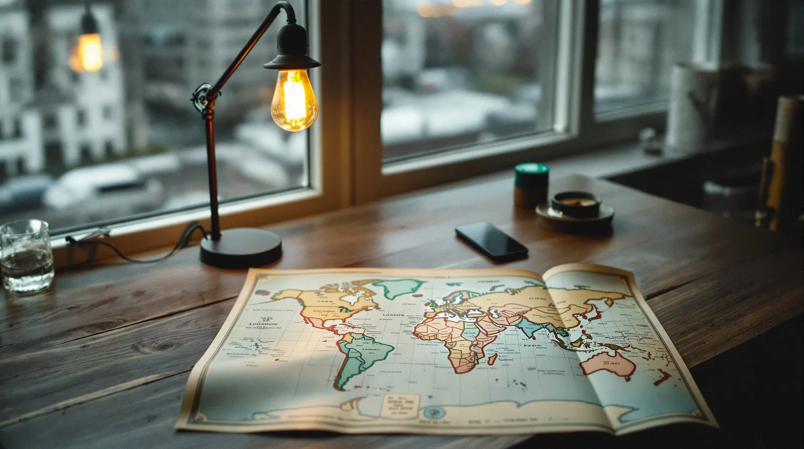 Vintage desk with a map and compass under warm lamp light, grey London sky through the window