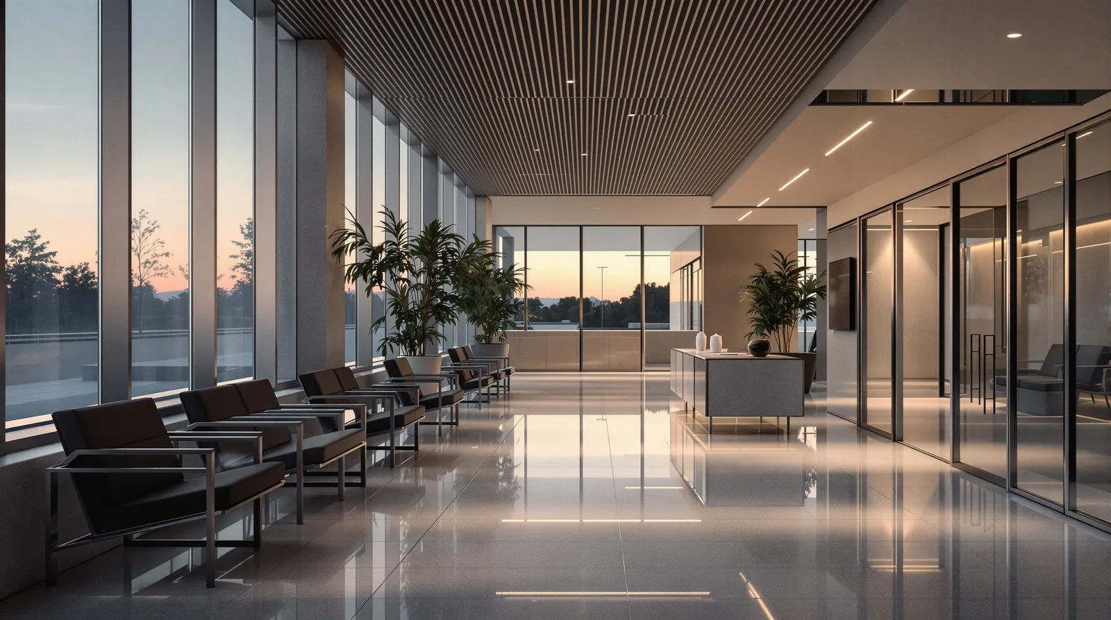 A calm, modern clinic waiting area at dusk with soft warm lamp light, suggesting trustworthy healthcare technology and HIPAA-compliant web work