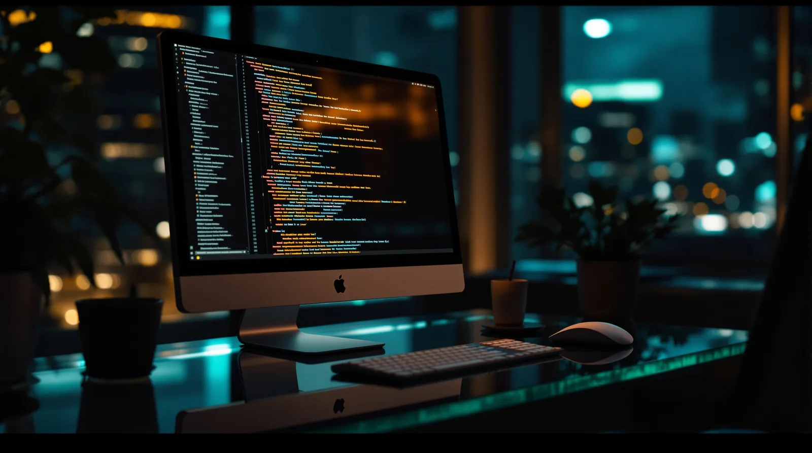 A calm studio workspace at night with a single illuminated monitor reflecting code on a glass desk, suggesting a Next.js development agency at work