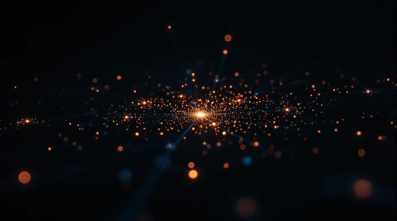 Clusters of glowing points in dark 3D space connected by lines converging on a bright node, suggesting vector retrieval for RAG