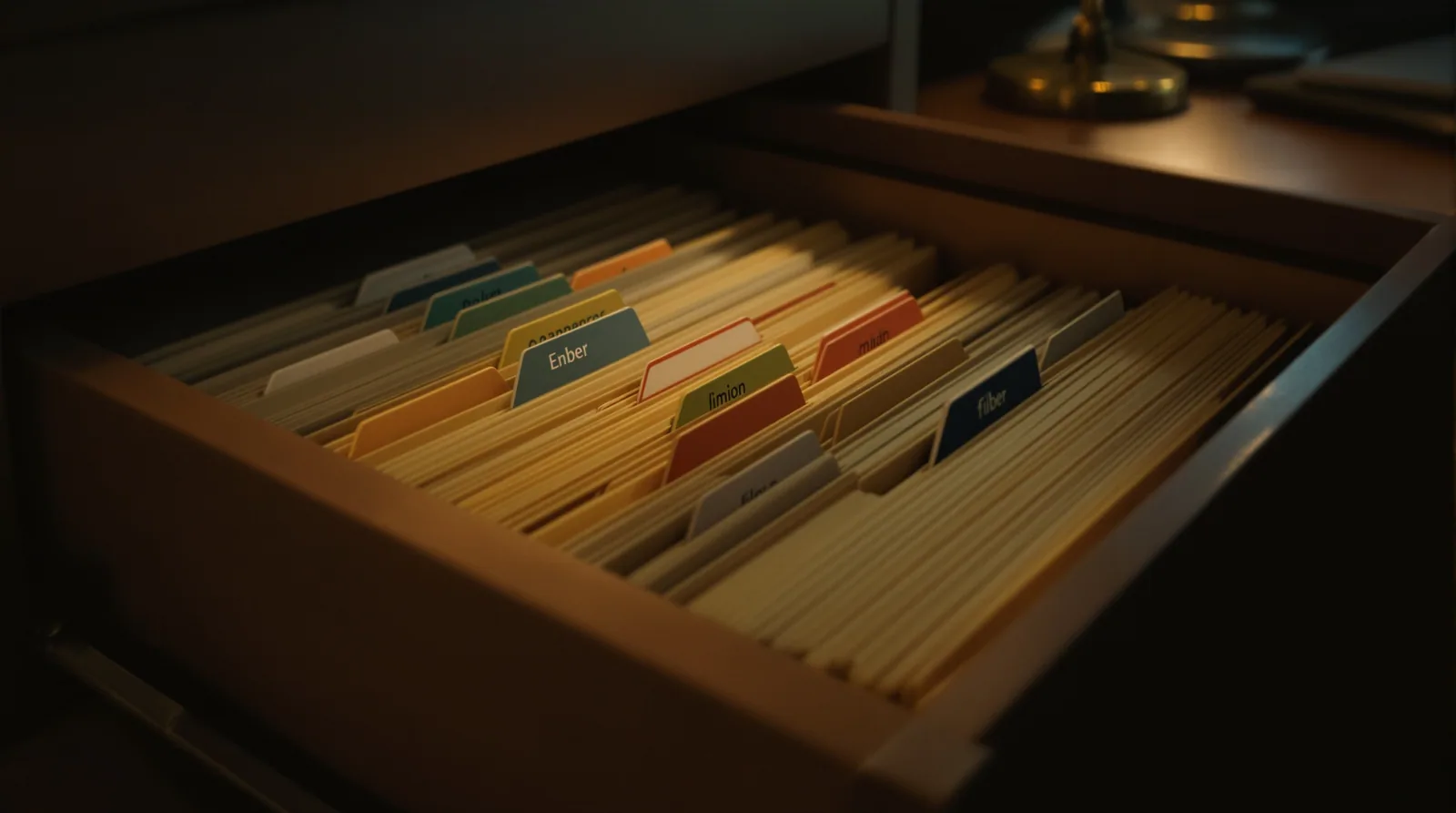 Half-open wooden filing cabinet drawer with colour-coded folders, warm amber sidelight, 35mm film grain