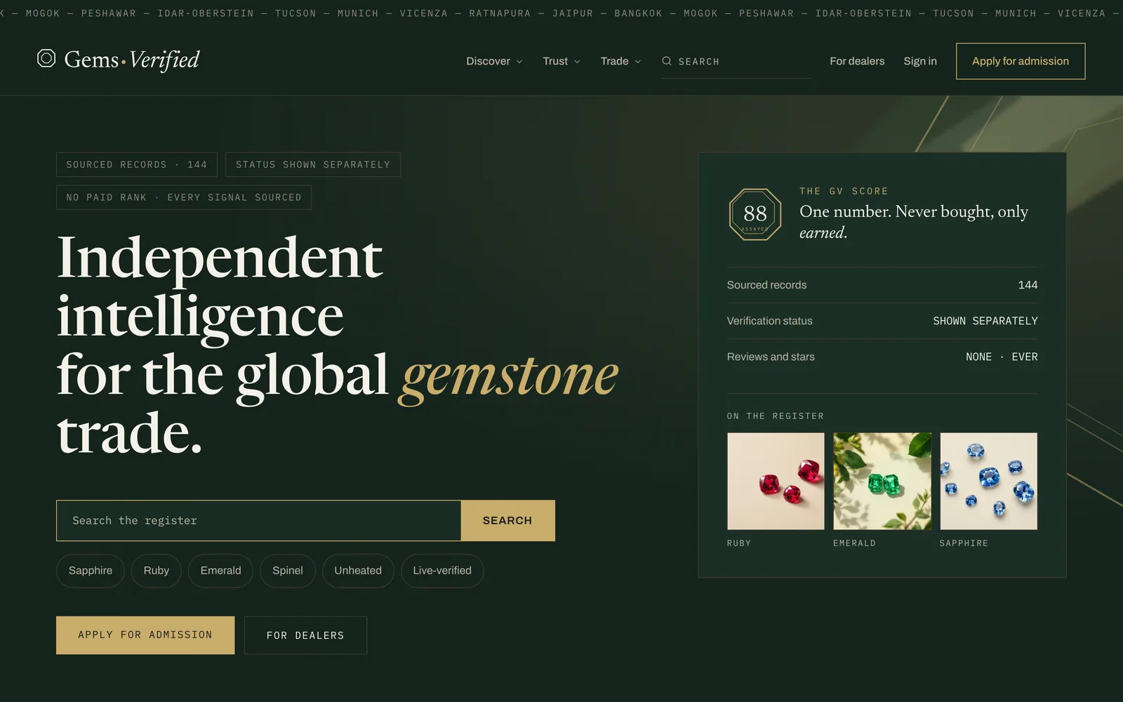 GemsVerified homepage: the Gems Verified wordmark with an octagonal assayer mark, deep green and gold palette, serif headline "Independent intelligence for the global gemstone trade" beside a GV Score panel reading 88.