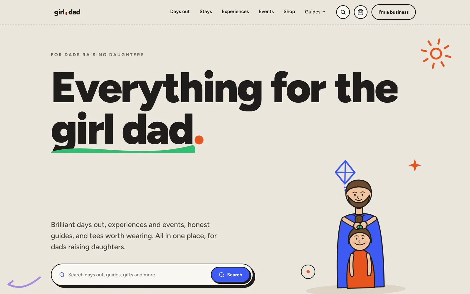 girl.dad homepage: the lowercase girl dad wordmark in heavy geometric sans, the headline "Everything for the girl dad" underlined in green, with outline illustration of a father and daughter on a warm off-white ground.