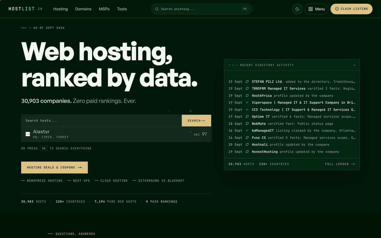 HostList.io homepage: the HOSTLIST.IO wordmark set in letterspaced mono with LIST picked out in green, above the headline "Web hosting, ranked by data" on a near-black green ground.