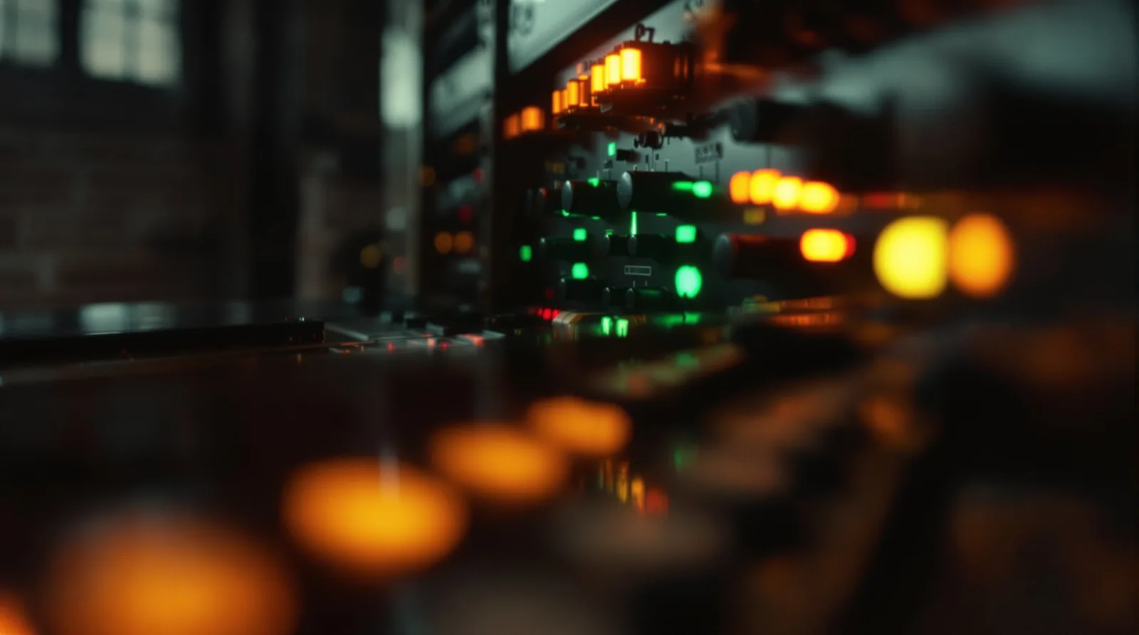 Vintage analog control panel with glowing amber dials and switches in a dimly lit industrial room