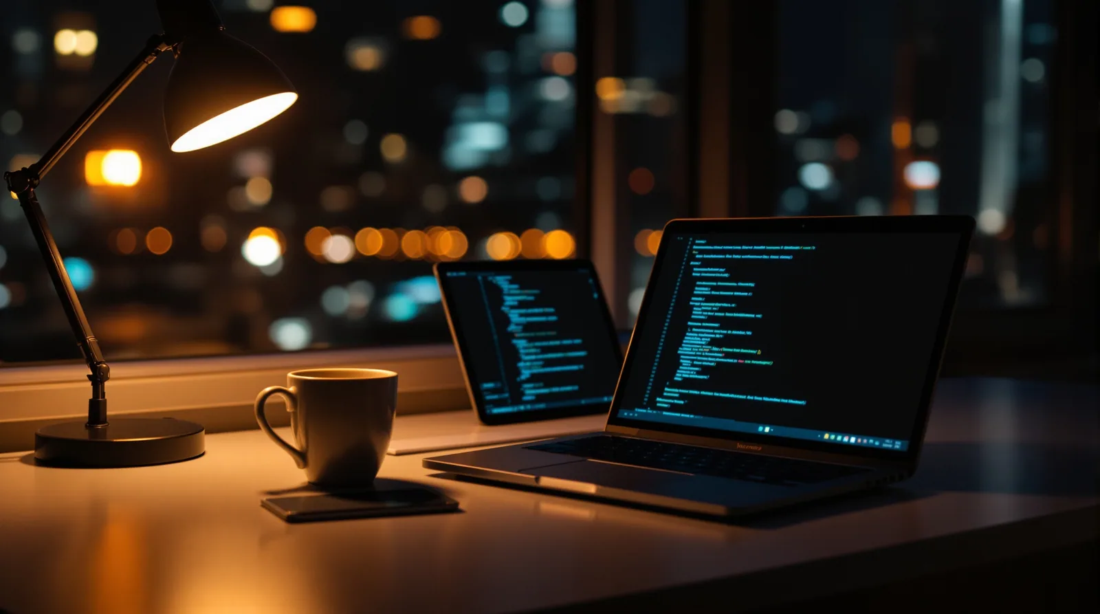 Late-night build session: laptop with code editor and coffee on a quiet desk