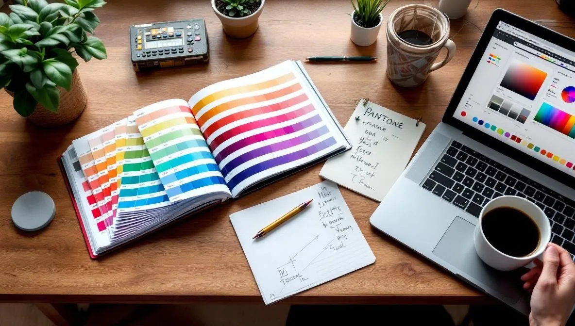 Designer's desk with Pantone swatches, brand name sketches, and a colour palette on a MacBook screen