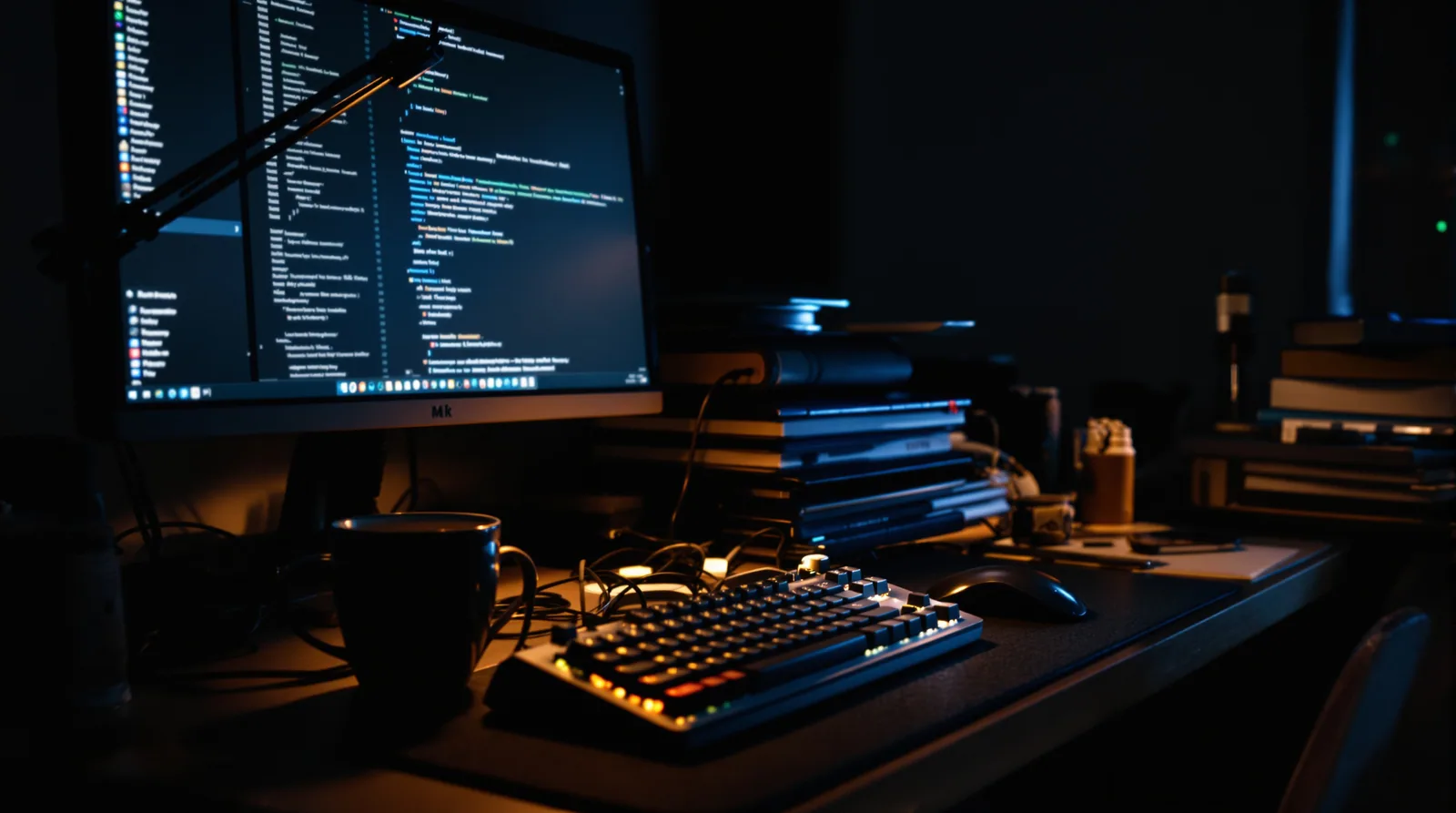 Schwach beleuchteter Entwickler-Arbeitsplatz bei Nacht mit bernsteinfarbener Lampe, mechanischer Tastatur und Monitor-Licht, 35-mm-Filmkorn-Redaktionsstil