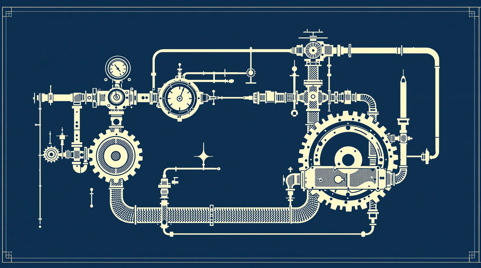 Diagrama em arte linear de engrenagens e tubulações interconectadas formando um loop fechado com manômetro e válvula de saída.