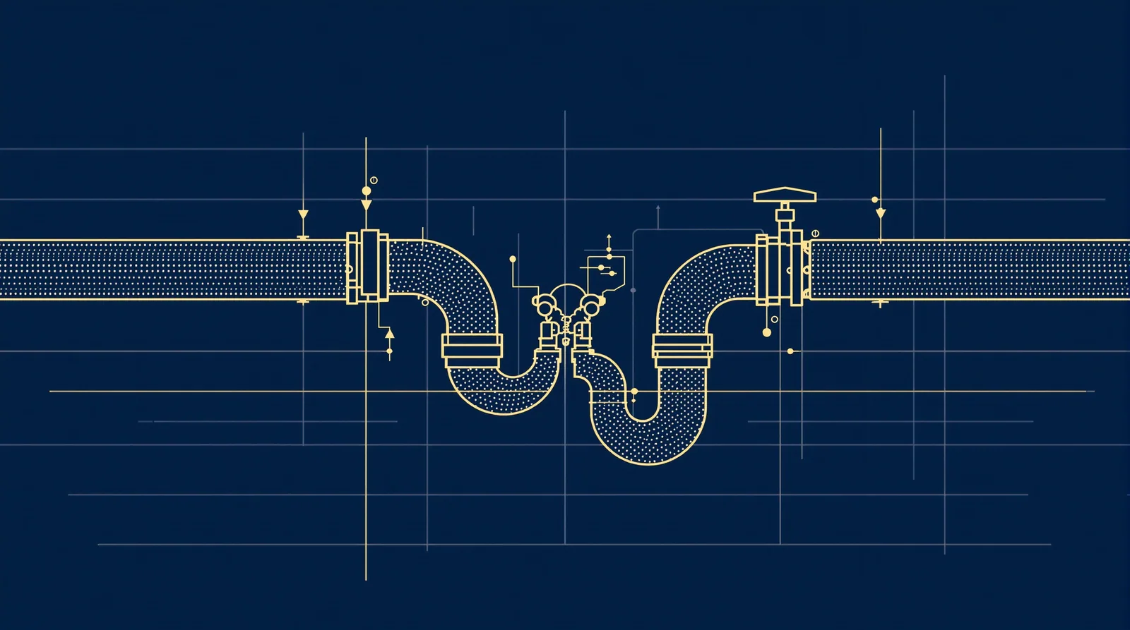Diagrama em arte linear de um tubo bifurcado com dois caminhos, um aberto e outro com uma válvula de fechamento, representando escolhas de implementação de loop.