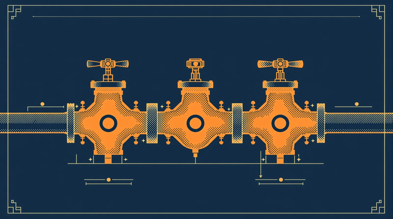 Blueprint schematic of a three-way pipe junction with individual valve controls for each output channel
