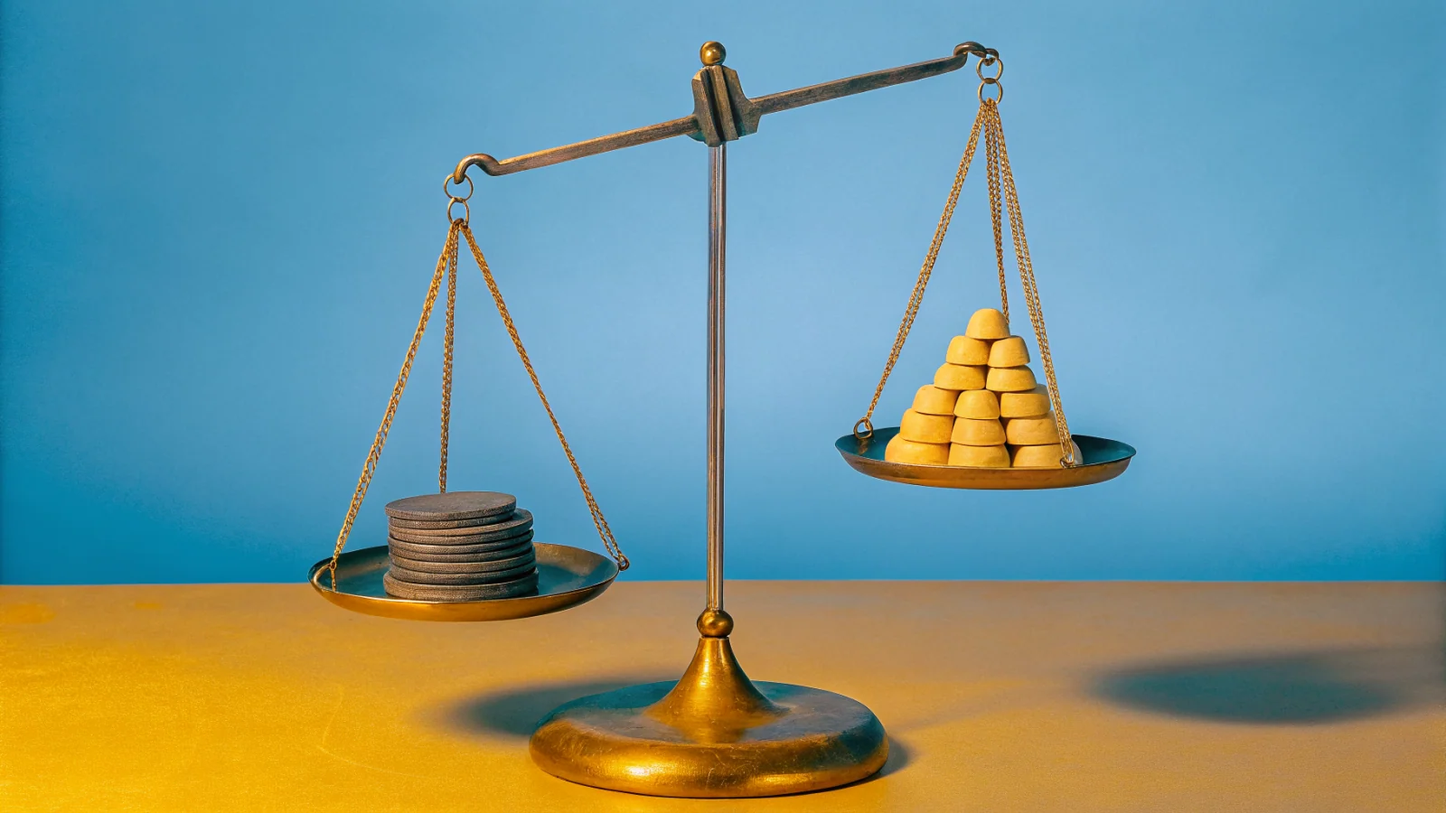 A traditional balance scale on a clean wooden surface, ingots on one side and a small geometric productivity icon on the other