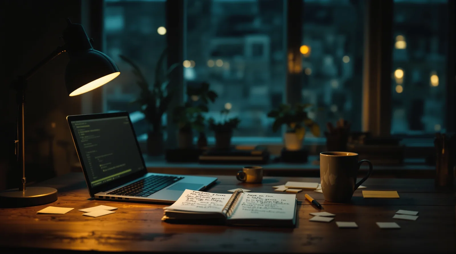 Glowing laptop on a cluttered London desk at dusk, warm lamp light, handwritten notes, cold tea — a founder's late-night coding session