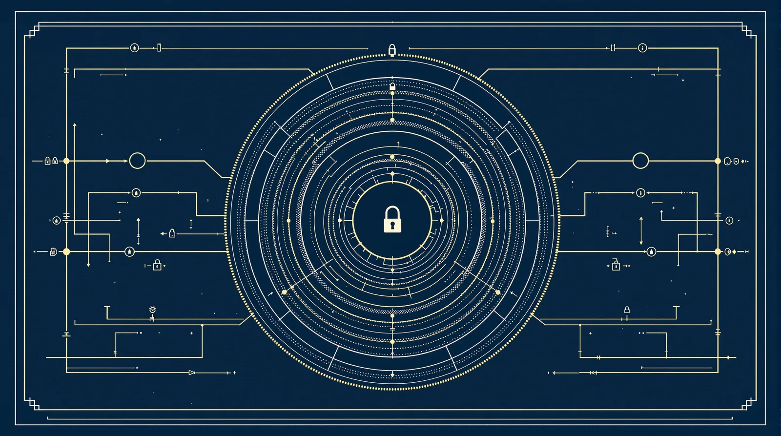Blueprint schematic of concentric permission zone rings with padlock icons at each boundary, connected by pipes to a central node.
