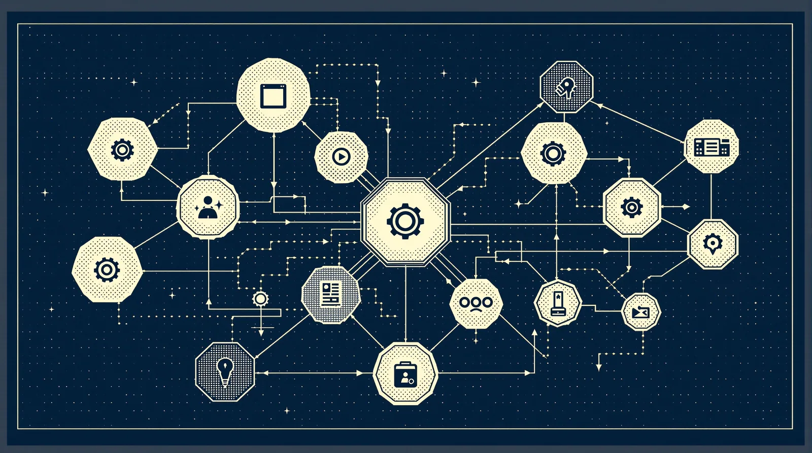 Esquema de diagrama de nodos de plugin hexagonales conectados por tuberías direccionales en una red de distribución privada.