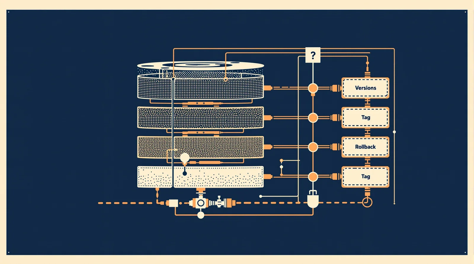 Diagrama esquemático de cilindros apilados versionados conectados por tuberías con una válvula, representando control de versión de plugins y reversión.
