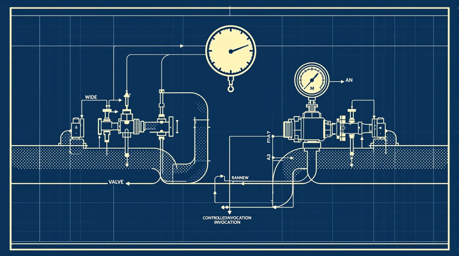 Blueprint diagram of two pipes with valves and gauges representing controlled skill invocation flow.