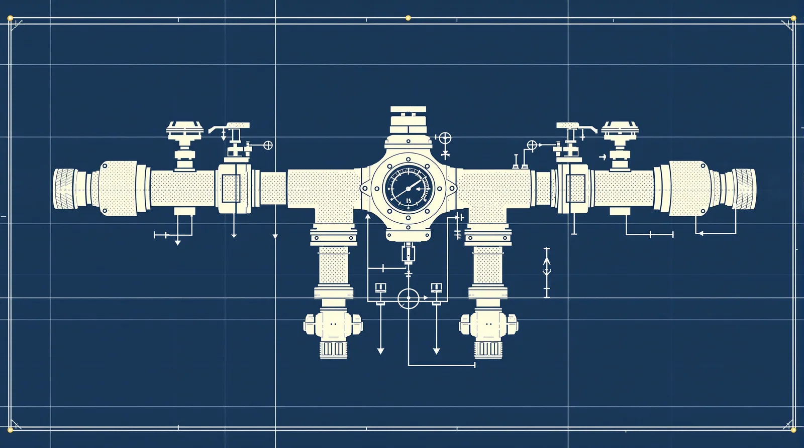 Blueprint line-art of a pipe manifold splitting into four output tubes, each with a valve and pressure gauge, illustrating four distinct extension mechanisms.