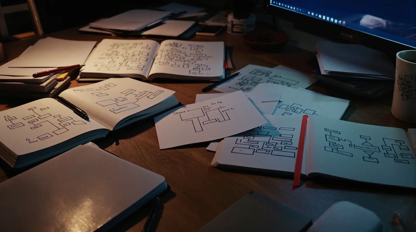 Überfüllter Londoner Entwickler-Schreibtisch bei Nacht mit handschriftlichen Flussdiagrammen und einer kalten Tasse Tee, beleuchtet vom Monitor-Glanz