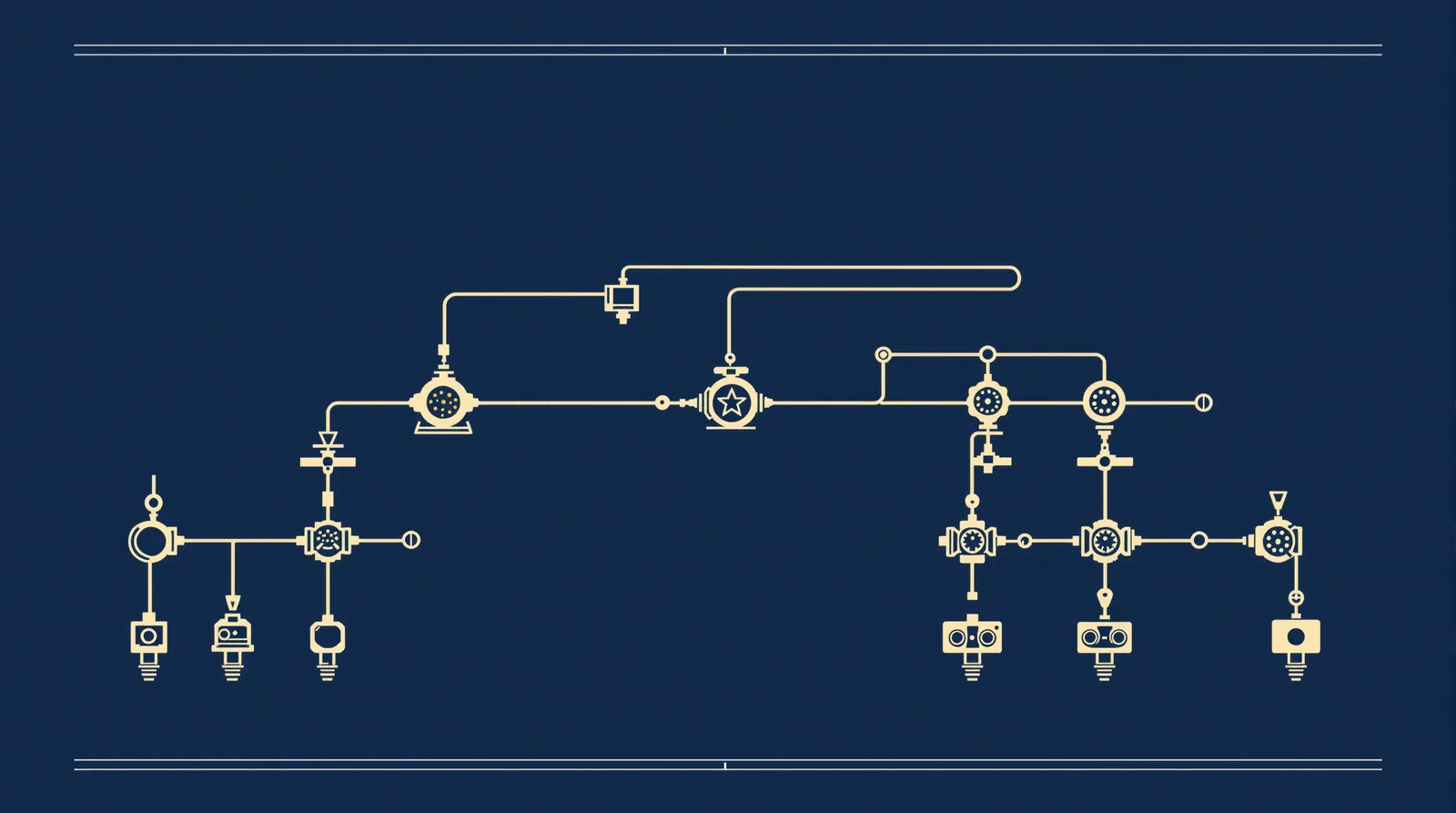 Blueprint line-art decision tree of nodes and pipes with valve symbols, representing a troubleshooting flow for limit types.
