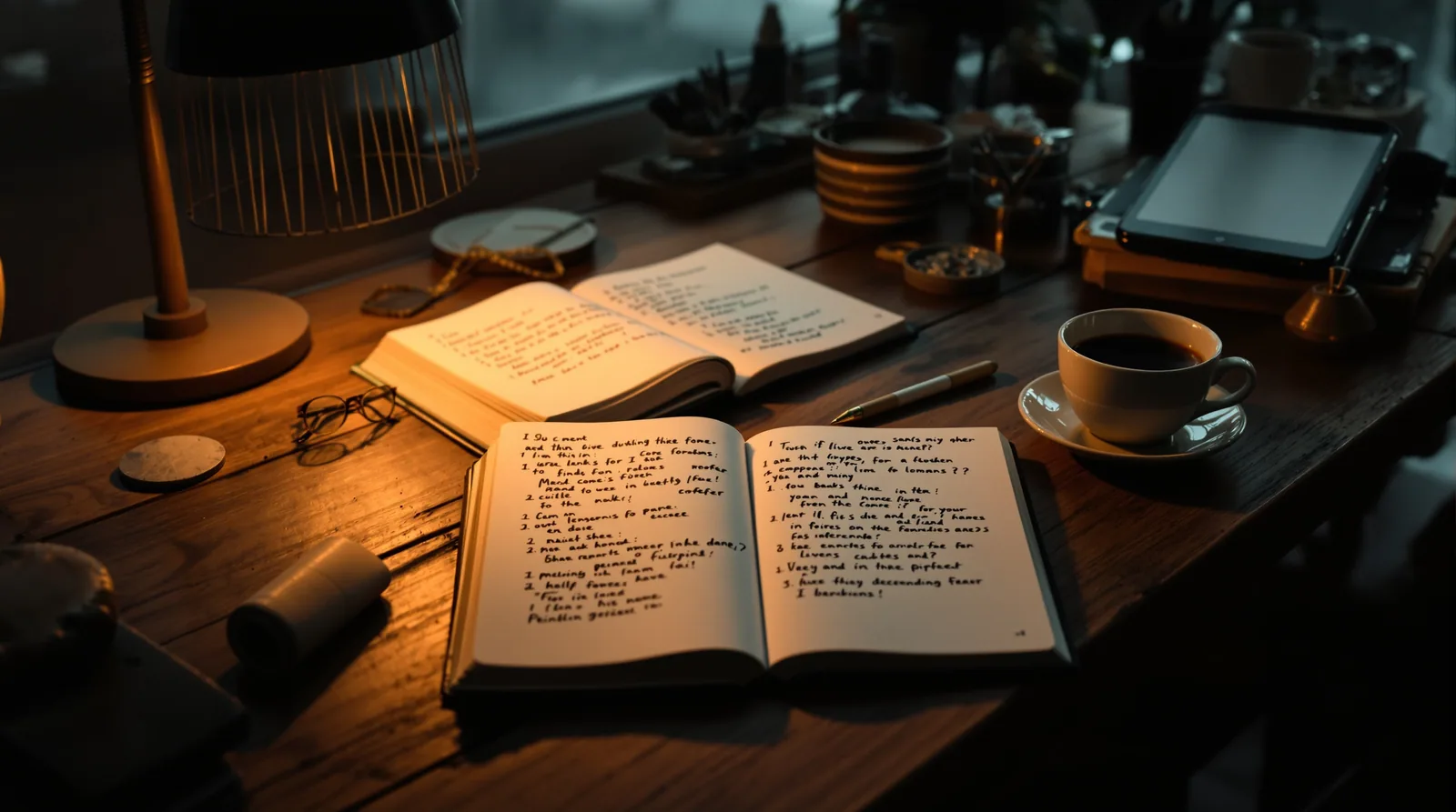 Three open notebooks with handwritten code notes on a dim London desk, amber lamp light, rain-streaked window