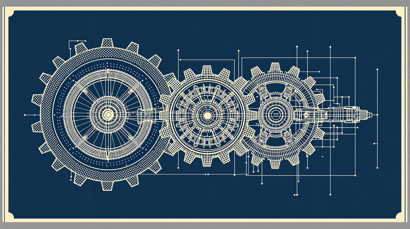 Blueprint of two independent gear assemblies sharing a central axle, representing separate worktree environments with shared repository metadata