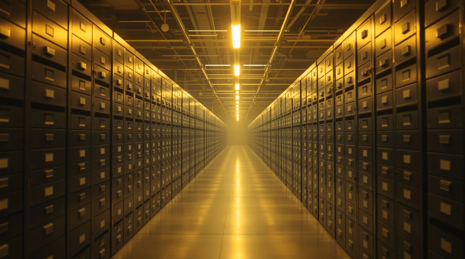 Endless rows of metal filing cabinets in a warmly lit industrial archive room