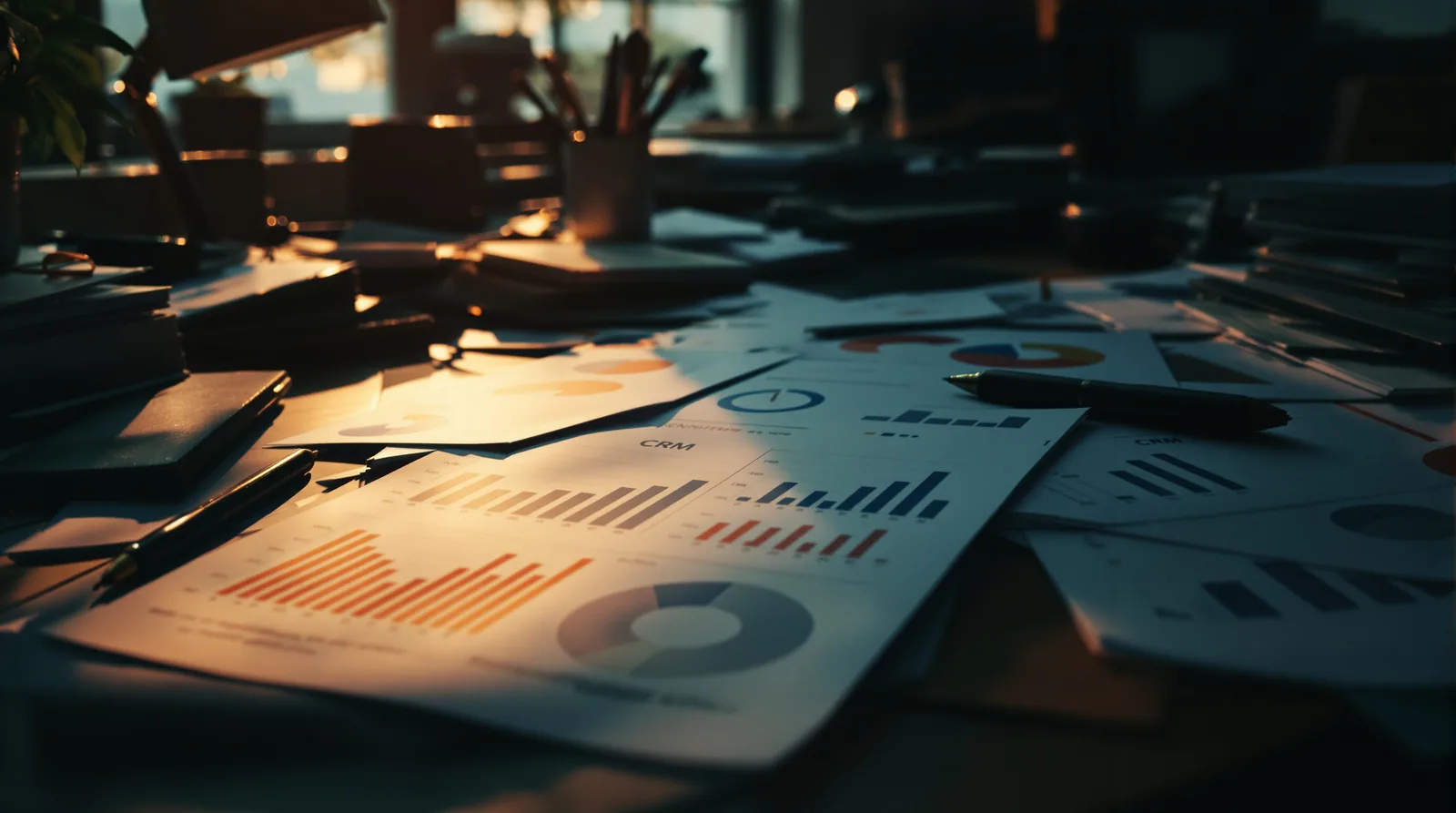 Bureau avec des graphiques de comparaison CRM, lumière dorée