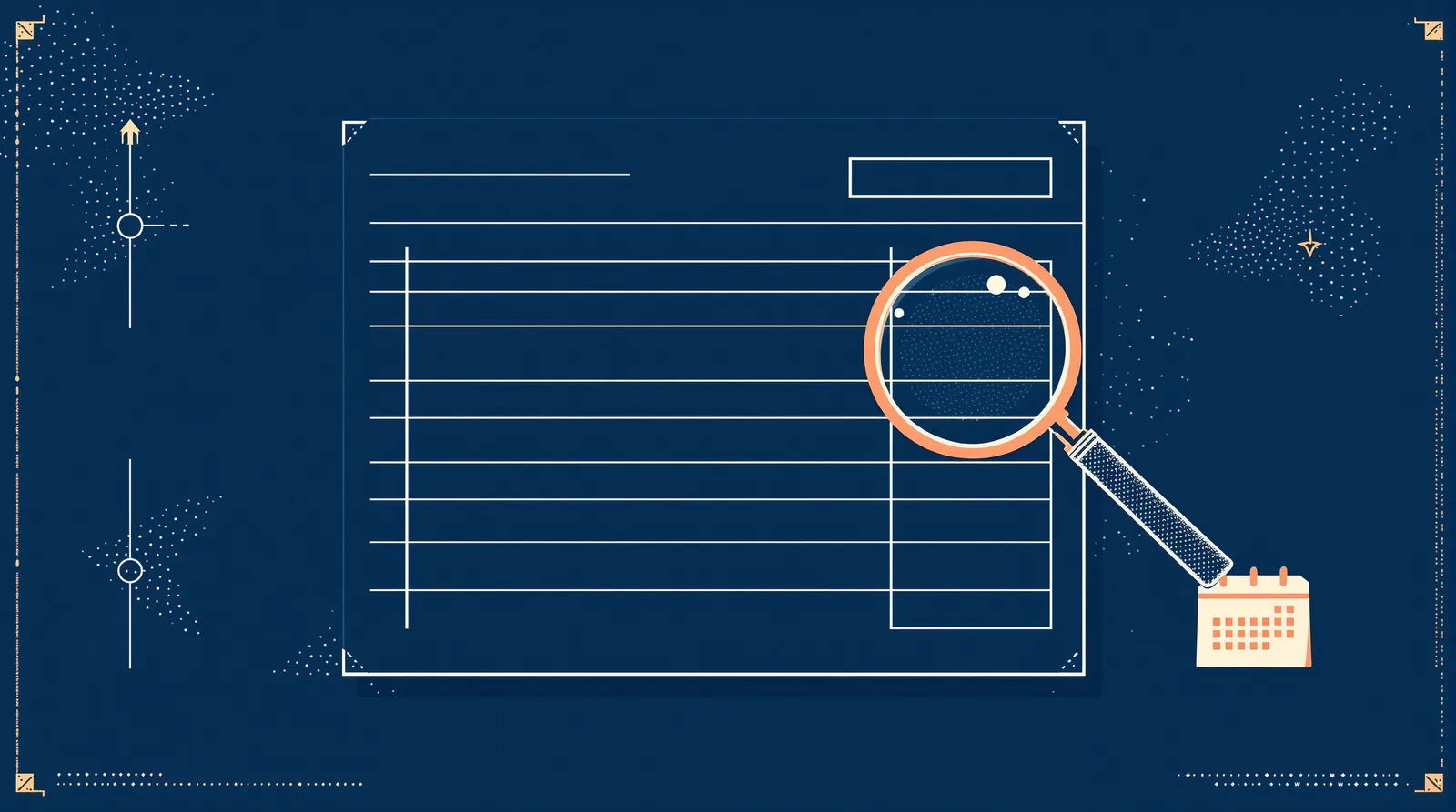 Line-art ledger with four blank cost rows, a magnifying glass over one row and a small calendar