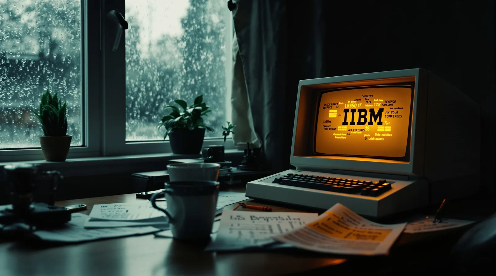 Amber-glowing vintage computer terminal on a wooden desk with handwritten spreadsheets and a steaming cup of tea, London flat, overcast window light