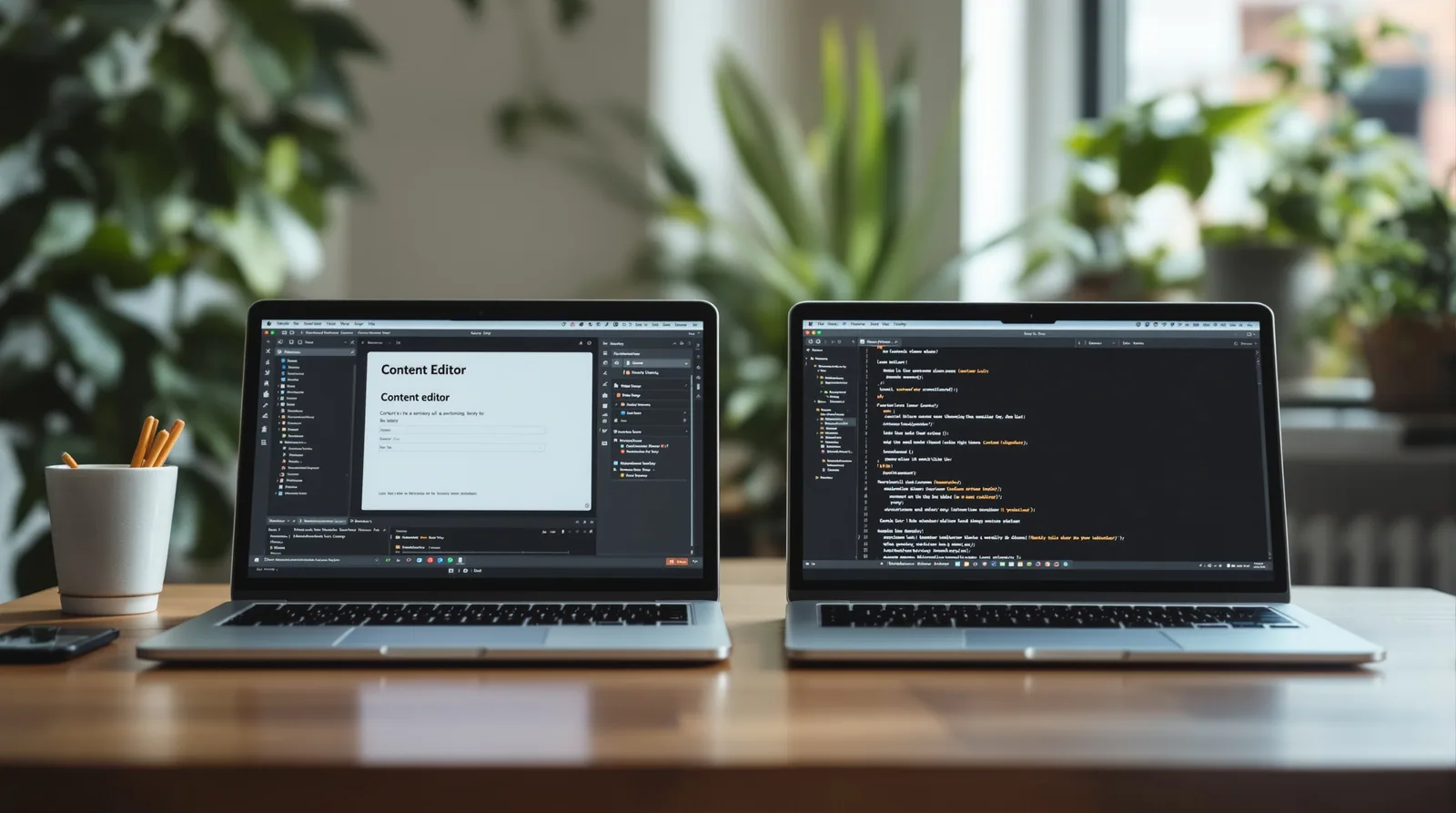 Two laptops side by side: a content editor next to a code editor on a clean desk