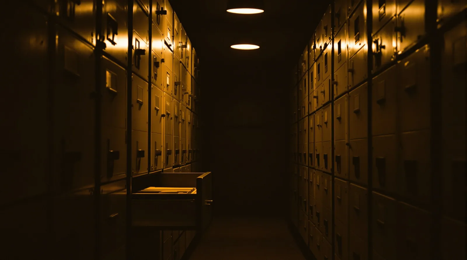Rows of metal filing cabinets in a warmly lit archive room, one drawer open revealing organised folders