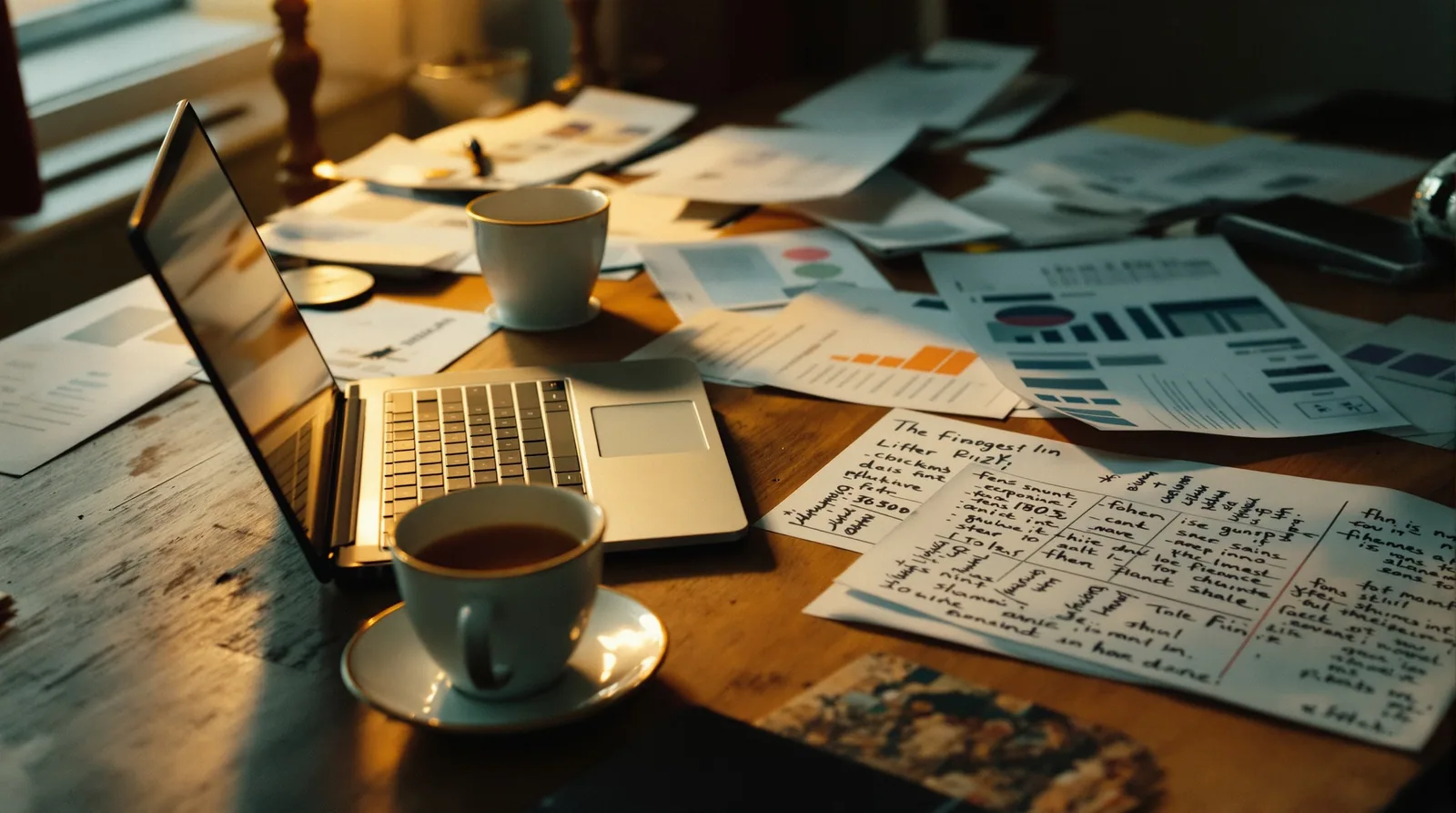 Dimly lit desk with printed SEO audit spreadsheets, handwritten notes, and a glowing laptop in warm amber light