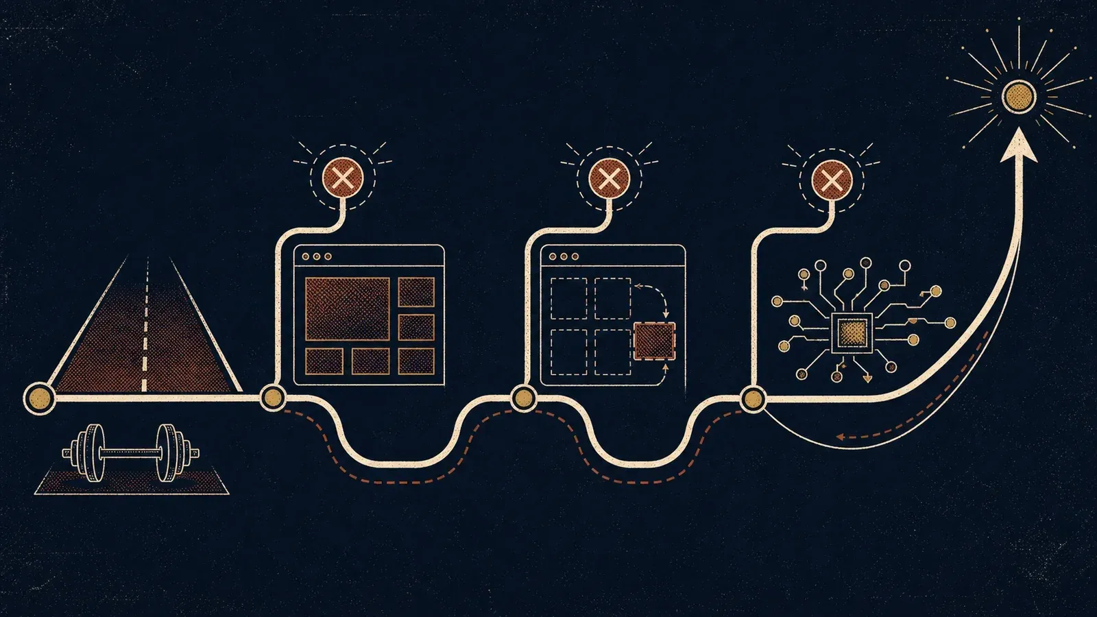 A line-art path learning from three failed attempts across fitness, web design, and AI coding