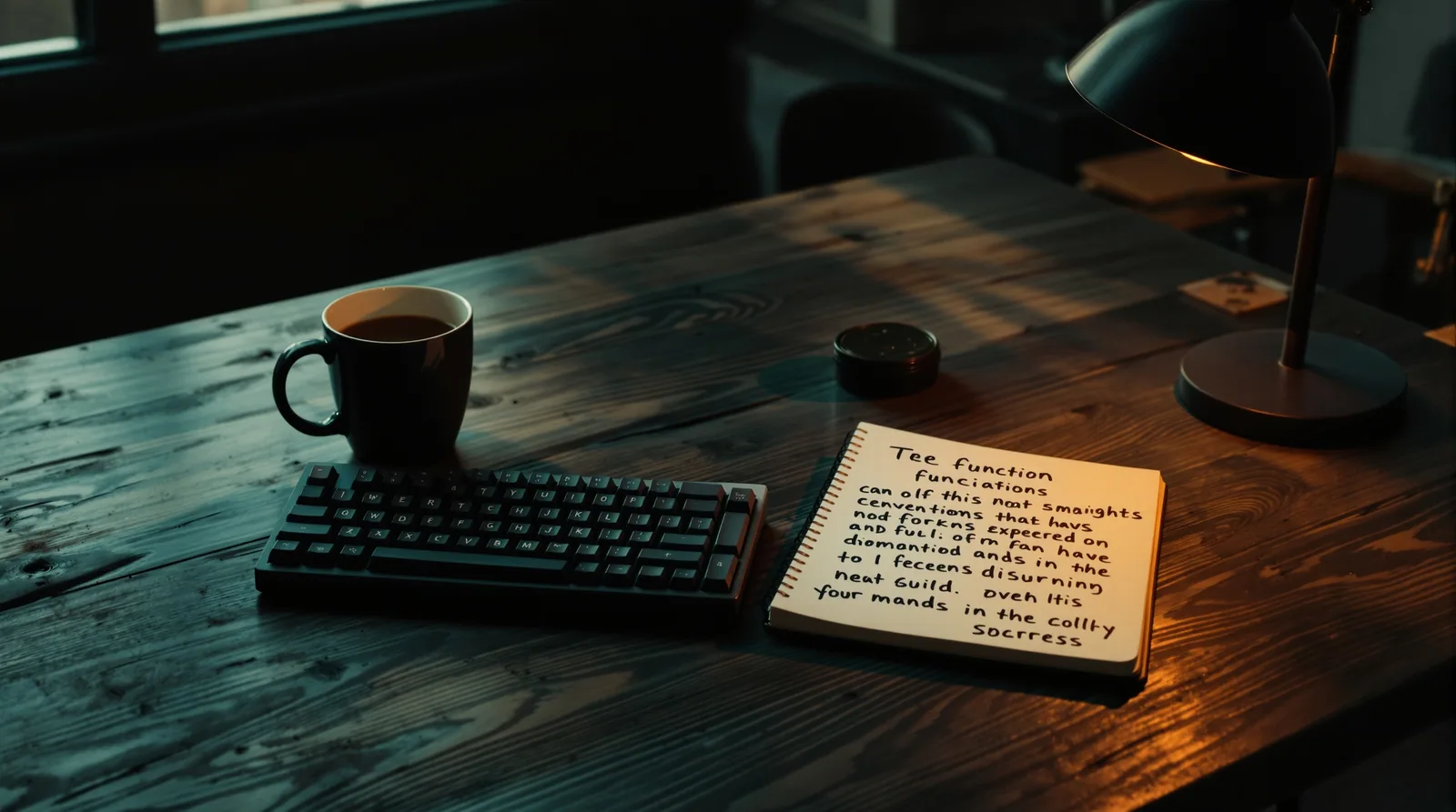 A developer's desk at dawn with a mechanical keyboard, handwritten notes, and a mug of tea in warm amber light