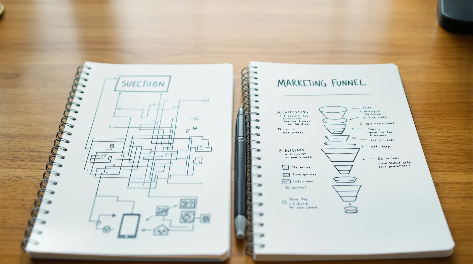 Two open notebooks side by side on a desk, one with circuit-style diagrams, the other with marketing funnel sketches