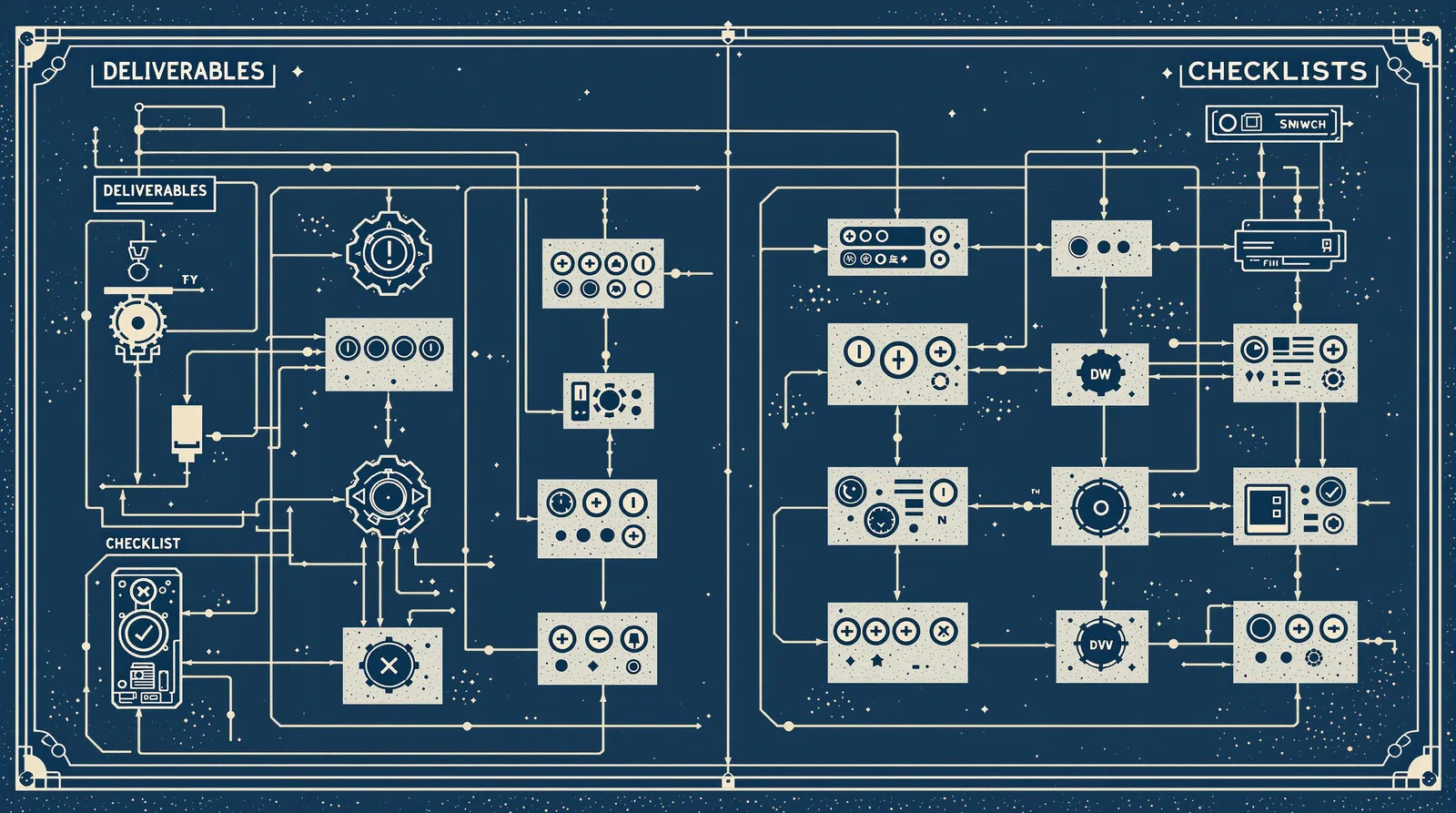 Line-art panel of switches, some connected to gears, others to empty sockets