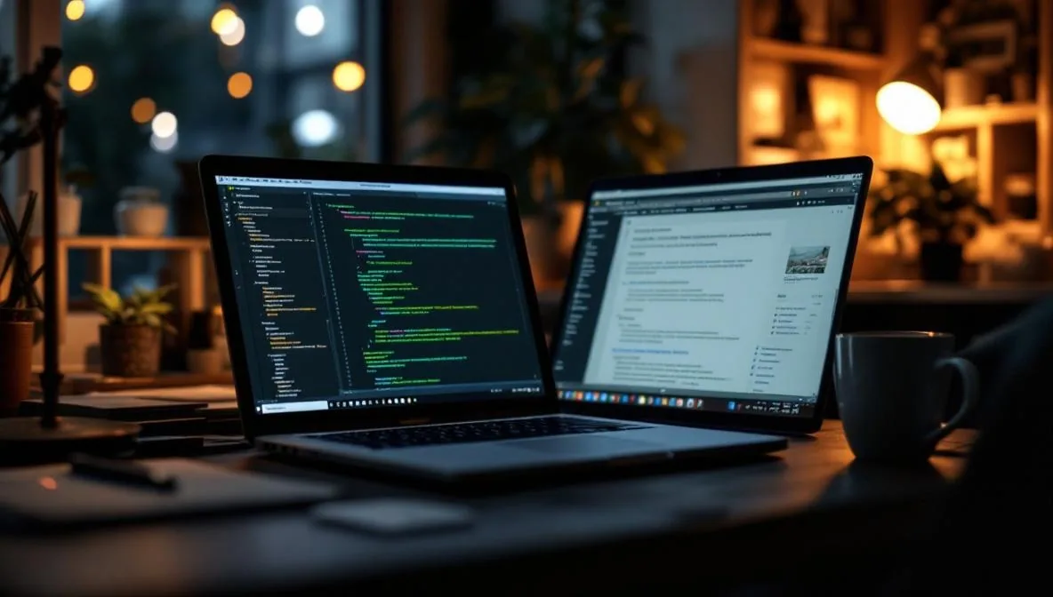Side-by-side desk with a GoDaddy website builder dashboard on one screen and a modern Jamstack code editor on another