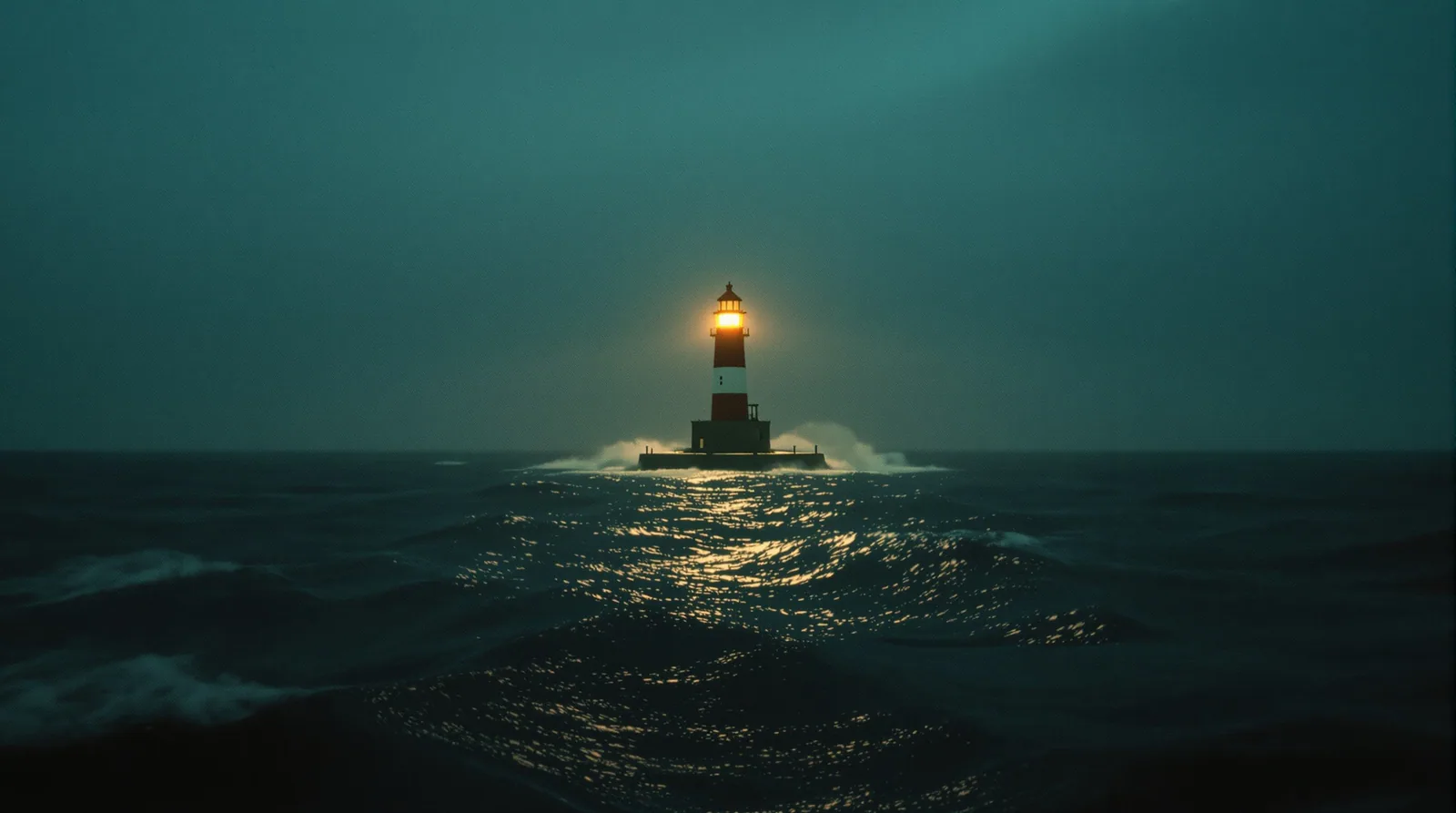 A steady lighthouse beam over a dark sea at dusk, suggesting a calm signal amid the noise around Google AI Mode