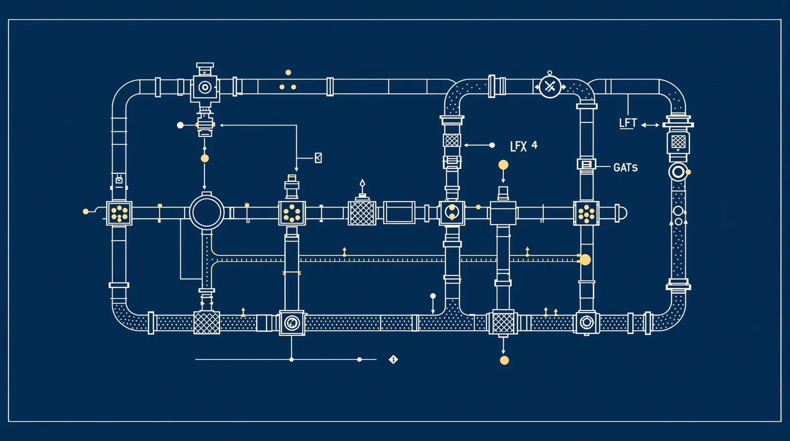 Line-art pipeline with gates and filters, some branches capped, others open, representing stages before delegation