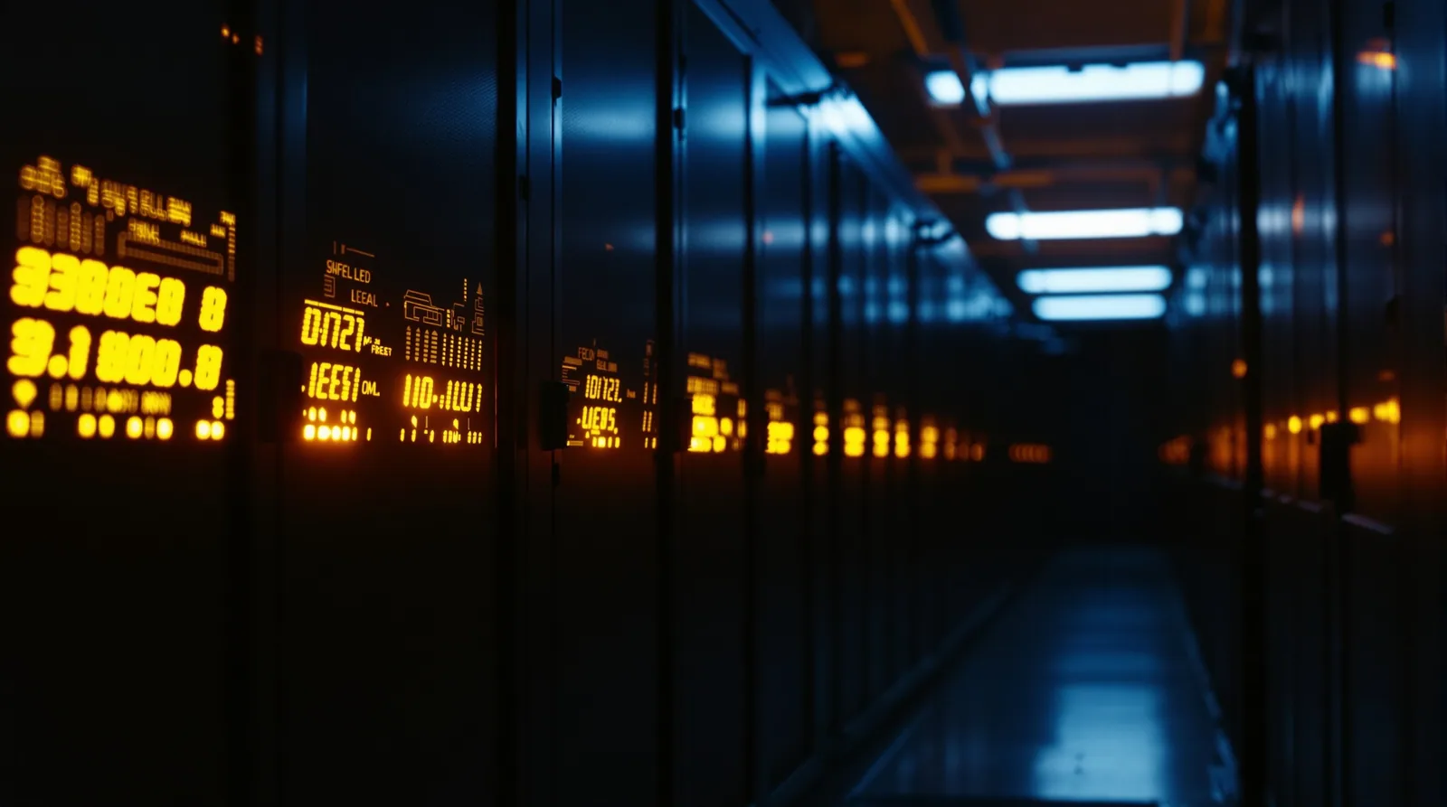 A moody server room corridor bathed in amber and cold blue light, cables receding into darkness